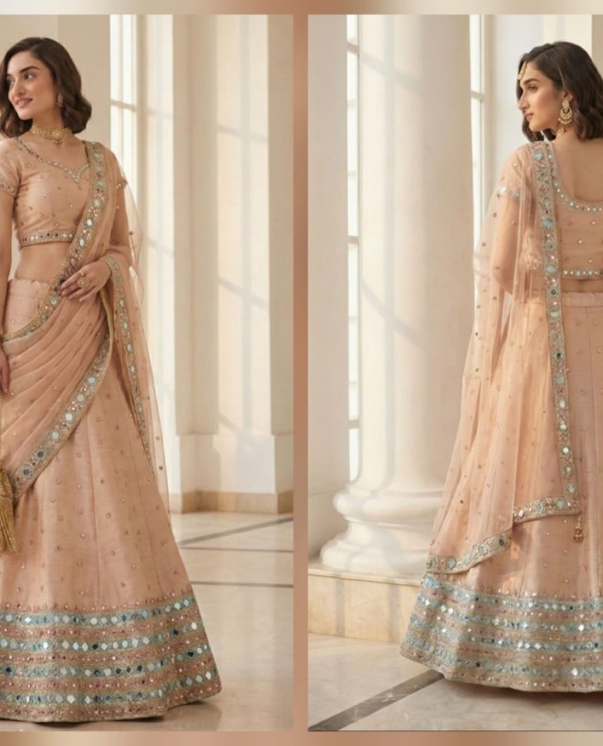 PEACH - Peach Real Mirror Work Silk Lehenga Set