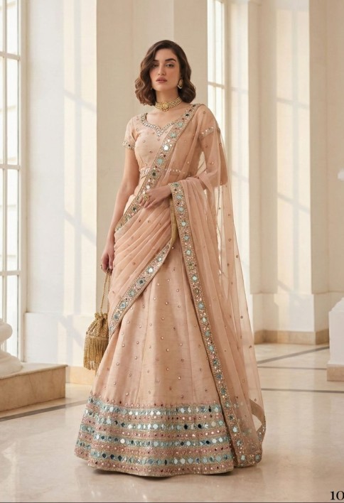 Peach Real Mirror Work Silk Lehenga Set