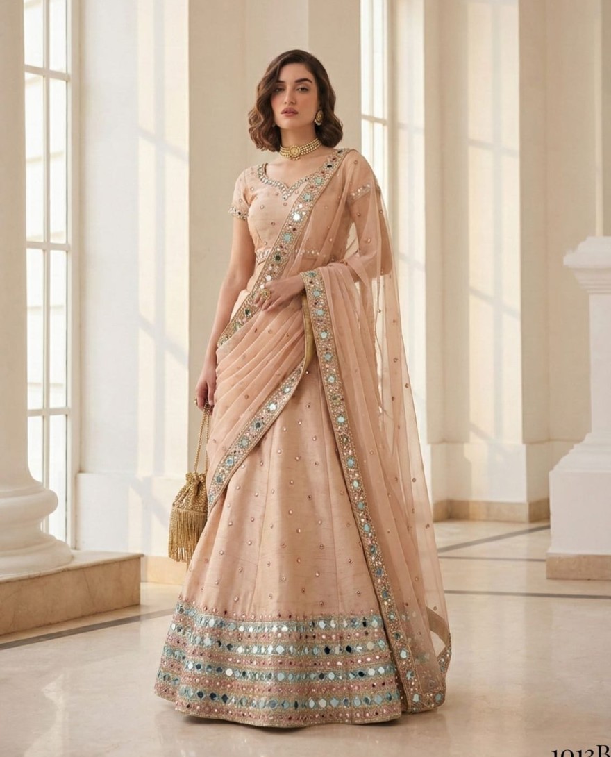 PEACH - Peach Real Mirror Work Silk Lehenga Set