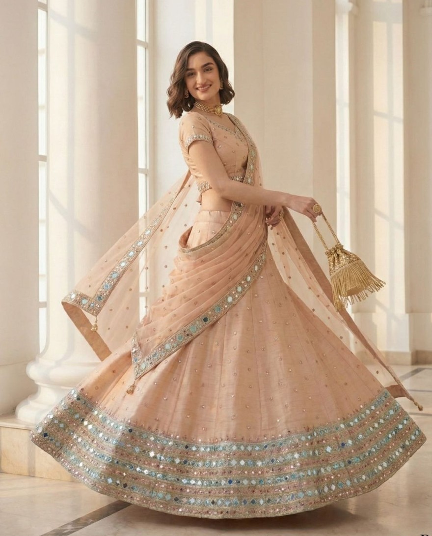 PEACH - Peach Real Mirror Work Silk Lehenga Set