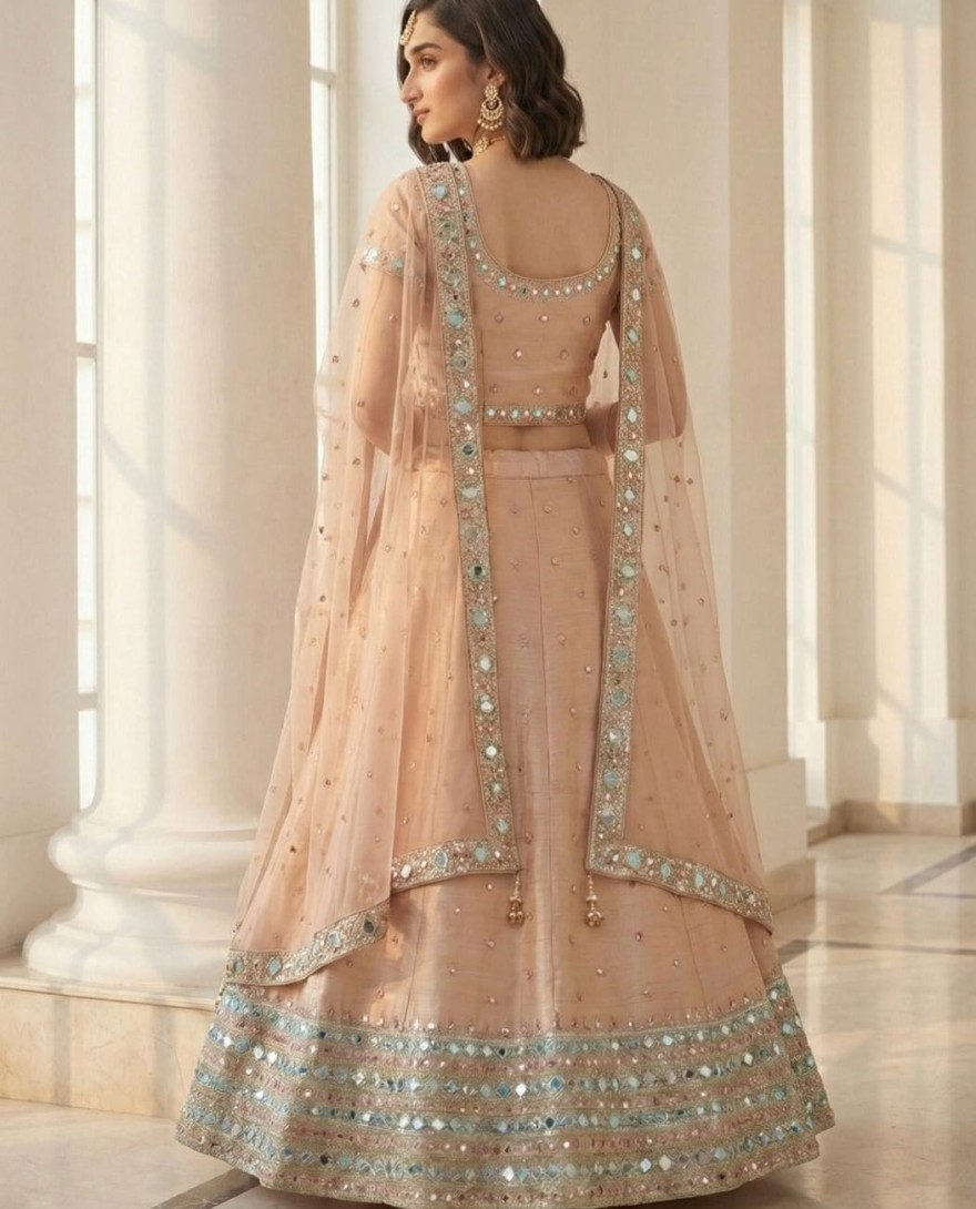 PEACH - Peach Real Mirror Work Silk Lehenga Set