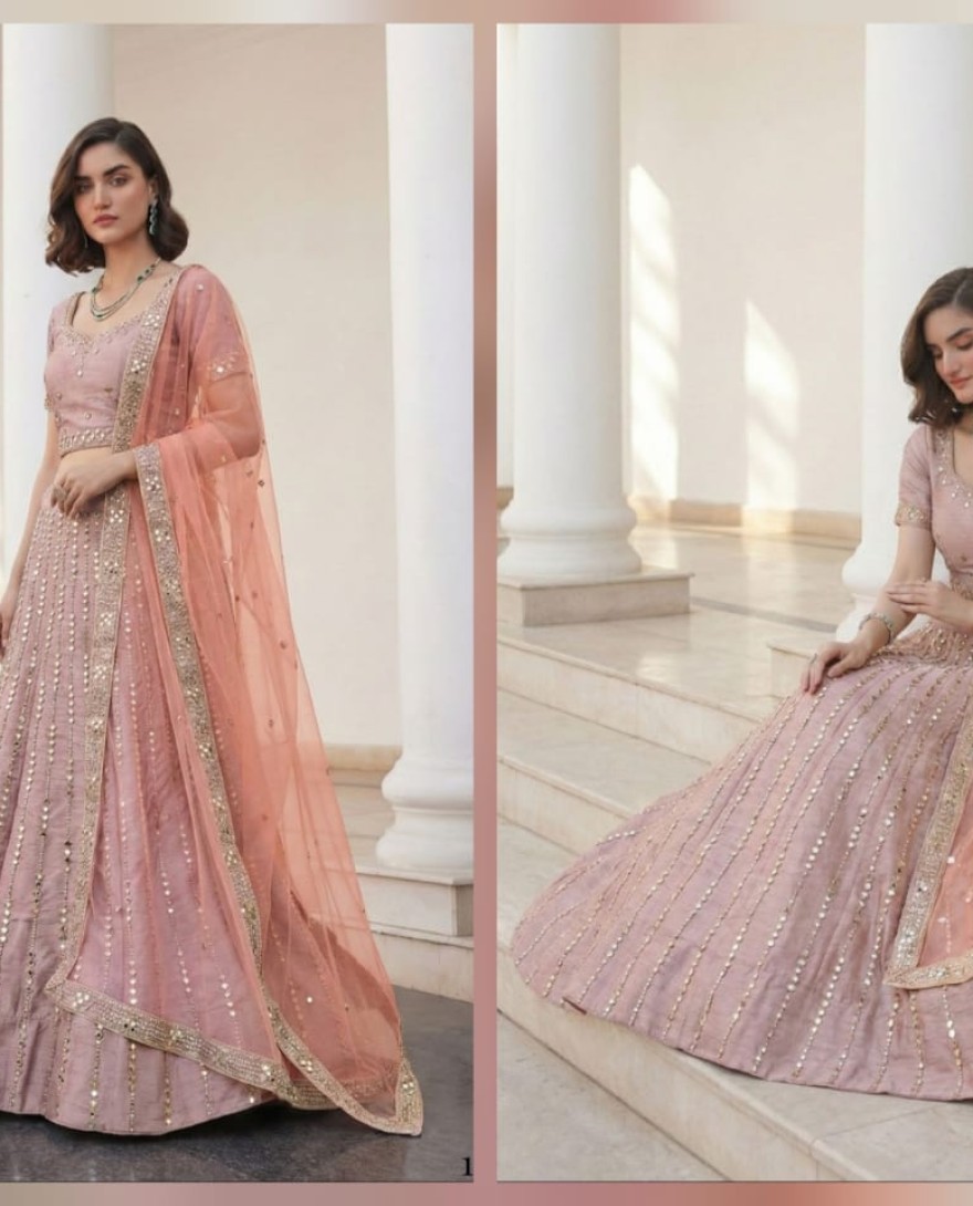 PINK - Dusky Pink Zari Embroidered Silk Lehenga with Mirror Detailing