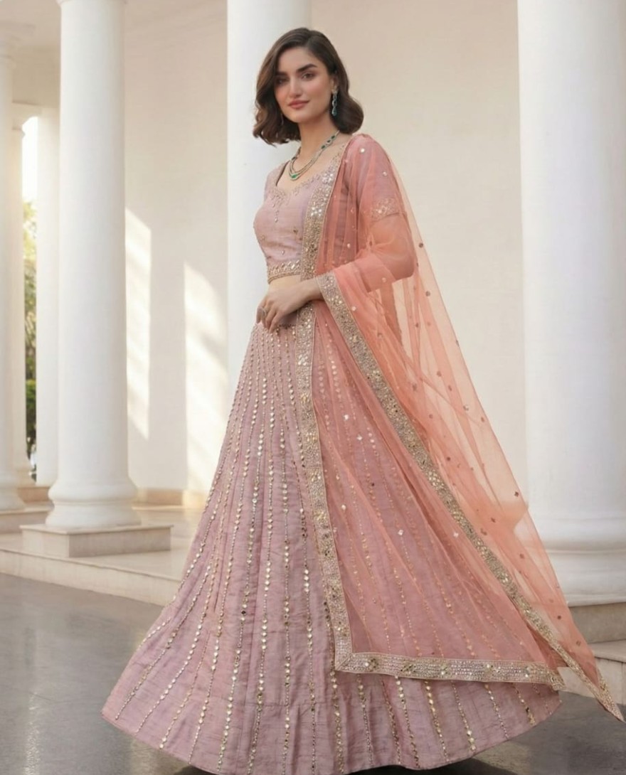 PINK - Dusky Pink Zari Embroidered Silk Lehenga with Mirror Detailing