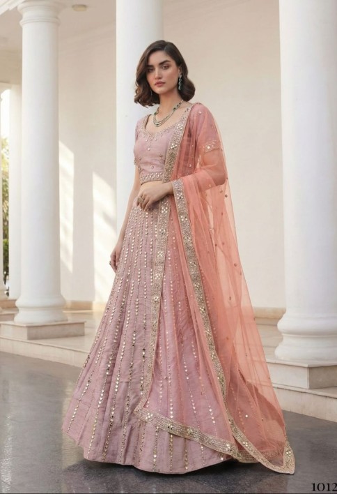 Dusky Pink Zari Embroidered Silk Lehenga with Mirror Detailing