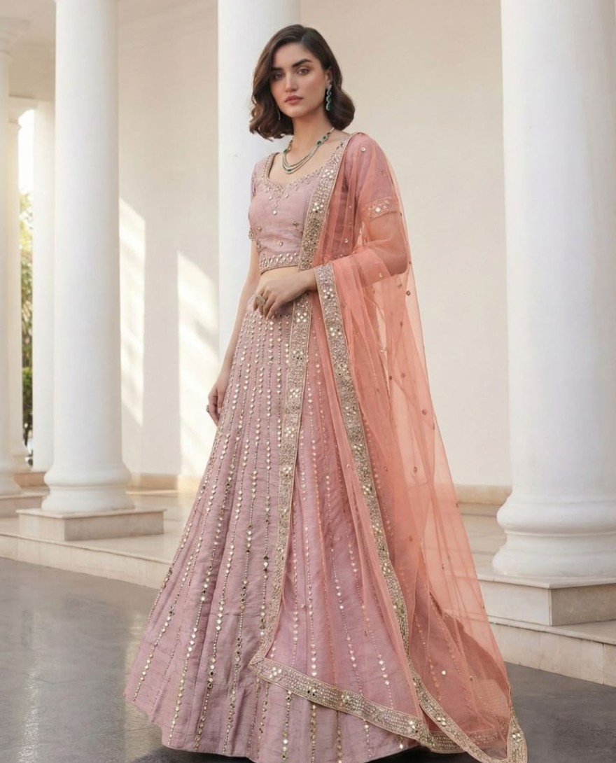 PINK - Dusky Pink Zari Embroidered Silk Lehenga with Mirror Detailing