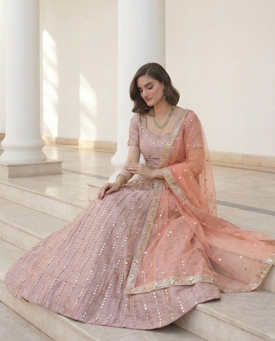 PINK - Dusky Pink Zari Embroidered Silk Lehenga with Mirror Detailing