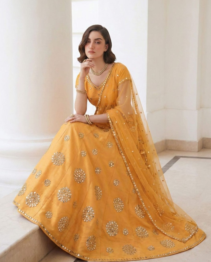 YELLOW - Mirror Work Silk Trendy A Line Lehenga Choli
