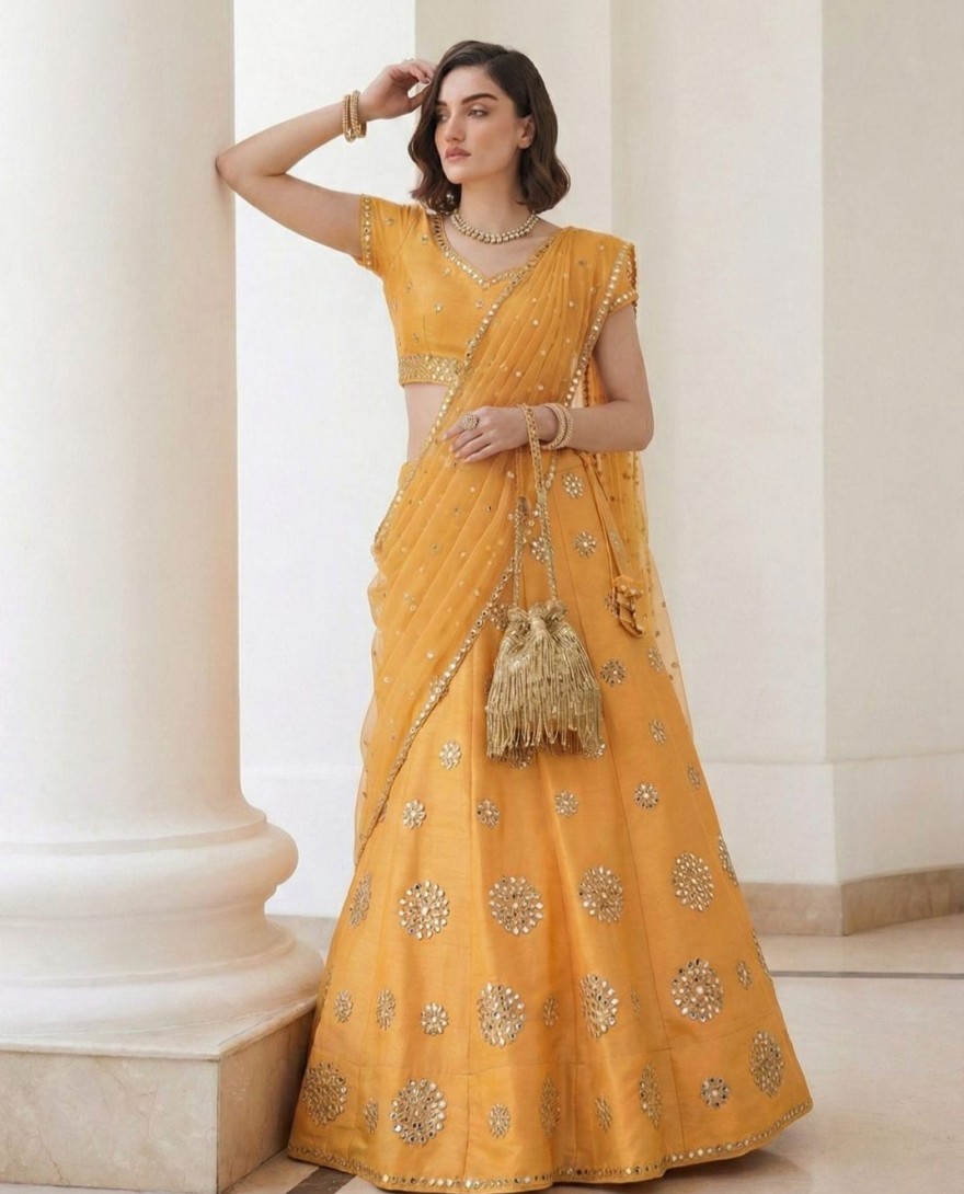 YELLOW - Mirror Work Silk Trendy A Line Lehenga Choli