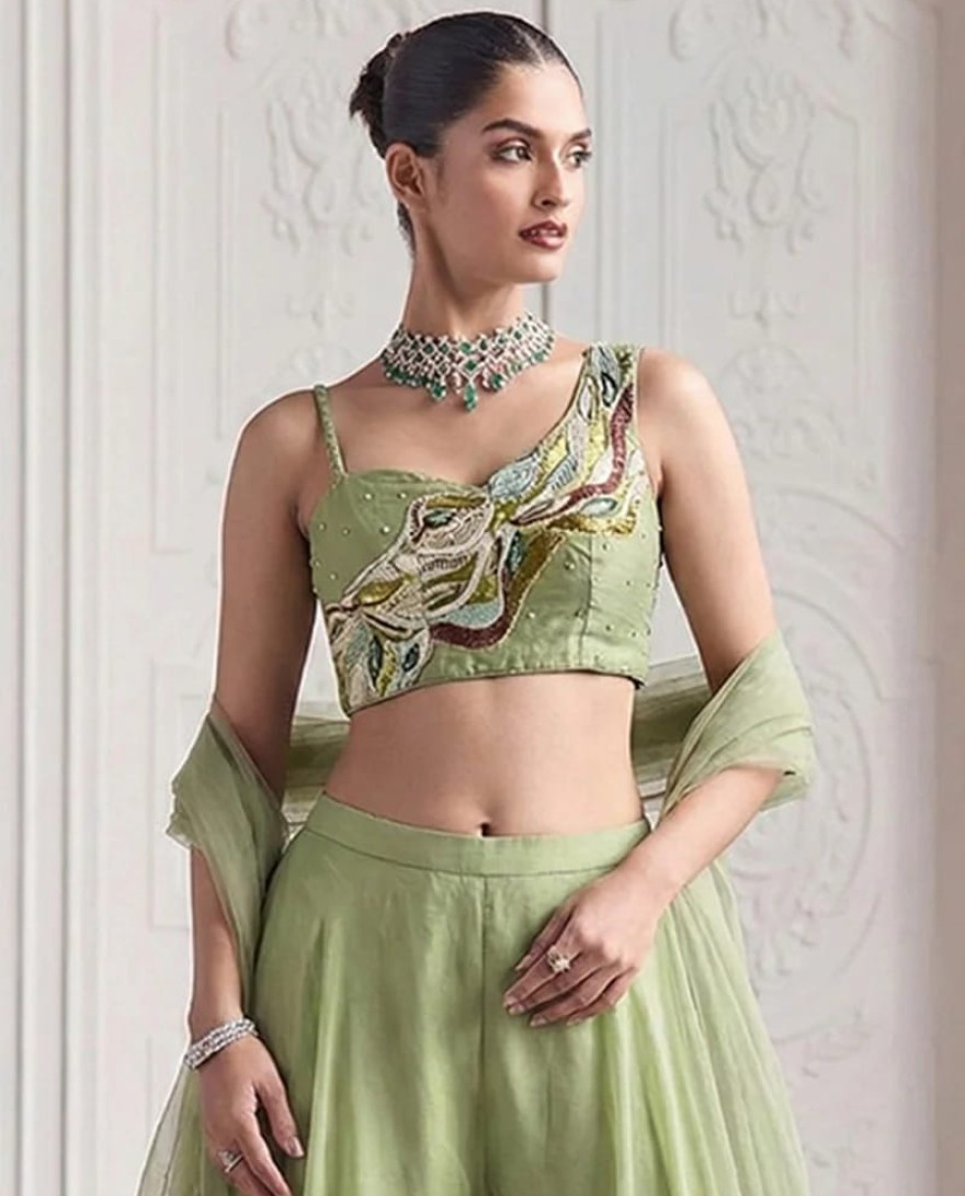 GREEN - Sage Green Handwork Embroidered Palazzo Set