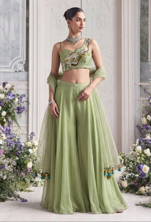 Sage Green Handwork Embroidered Palazzo Set