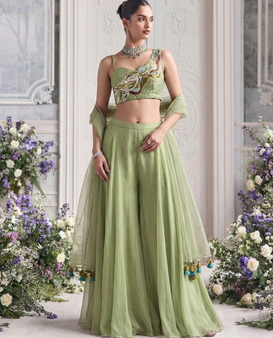 GREEN - Sage Green Handwork Embroidered Palazzo Set