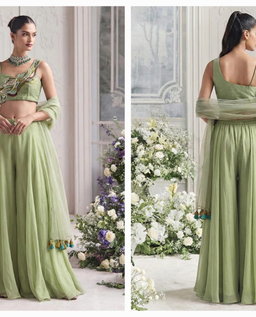 GREEN - Sage Green Handwork Embroidered Palazzo Set