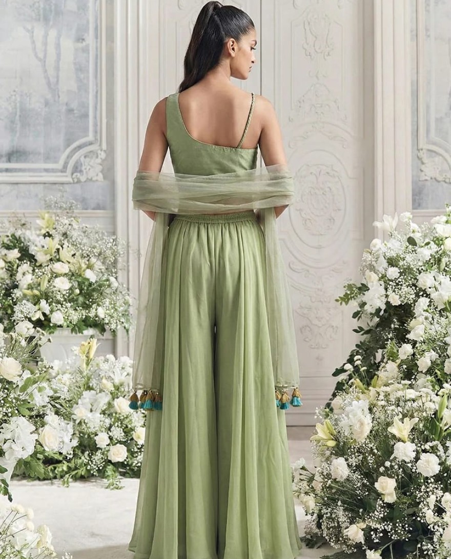 GREEN - Sage Green Handwork Embroidered Palazzo Set