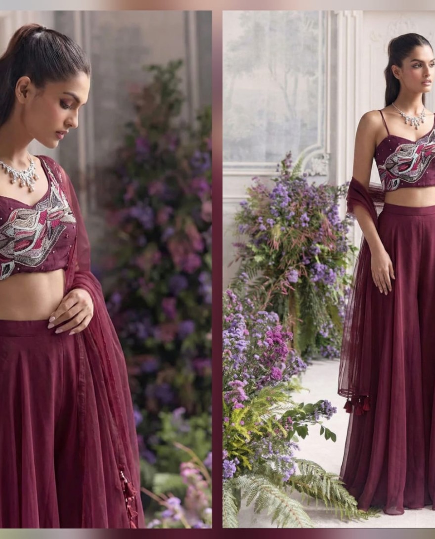 maroon - Deep Wine Handwork Embroidered Palazzo Set
