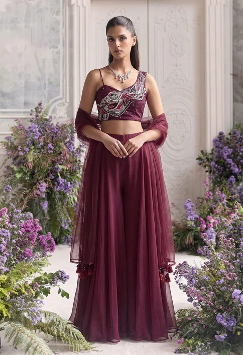 Deep Wine Handwork Embroidered Palazzo Set