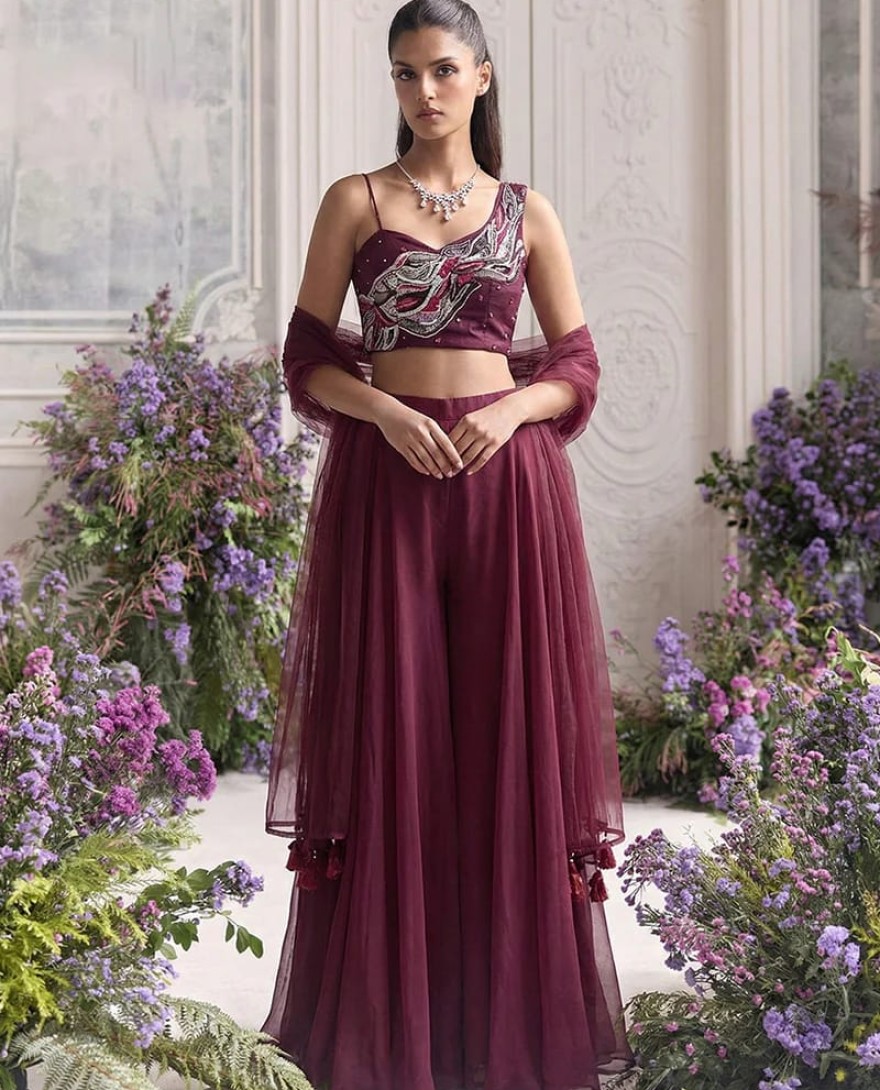 maroon - Deep Wine Handwork Embroidered Palazzo Set
