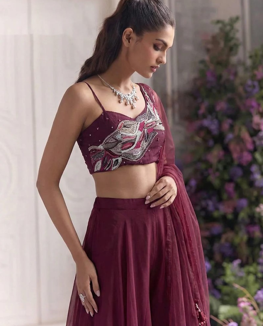 maroon - Deep Wine Handwork Embroidered Palazzo Set