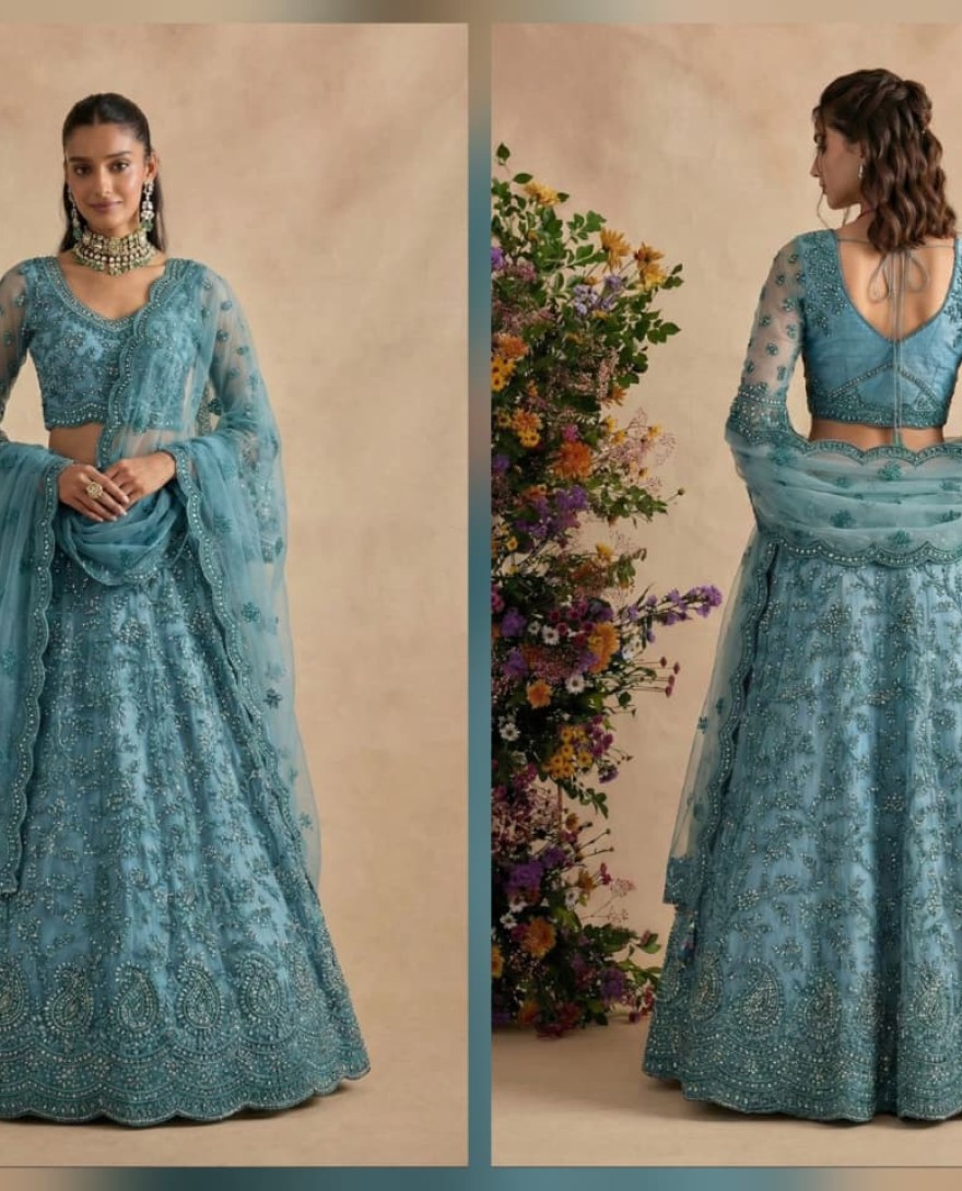 BLUE - Sky Blue Designer Embroidery Wedding Lehenga Choli