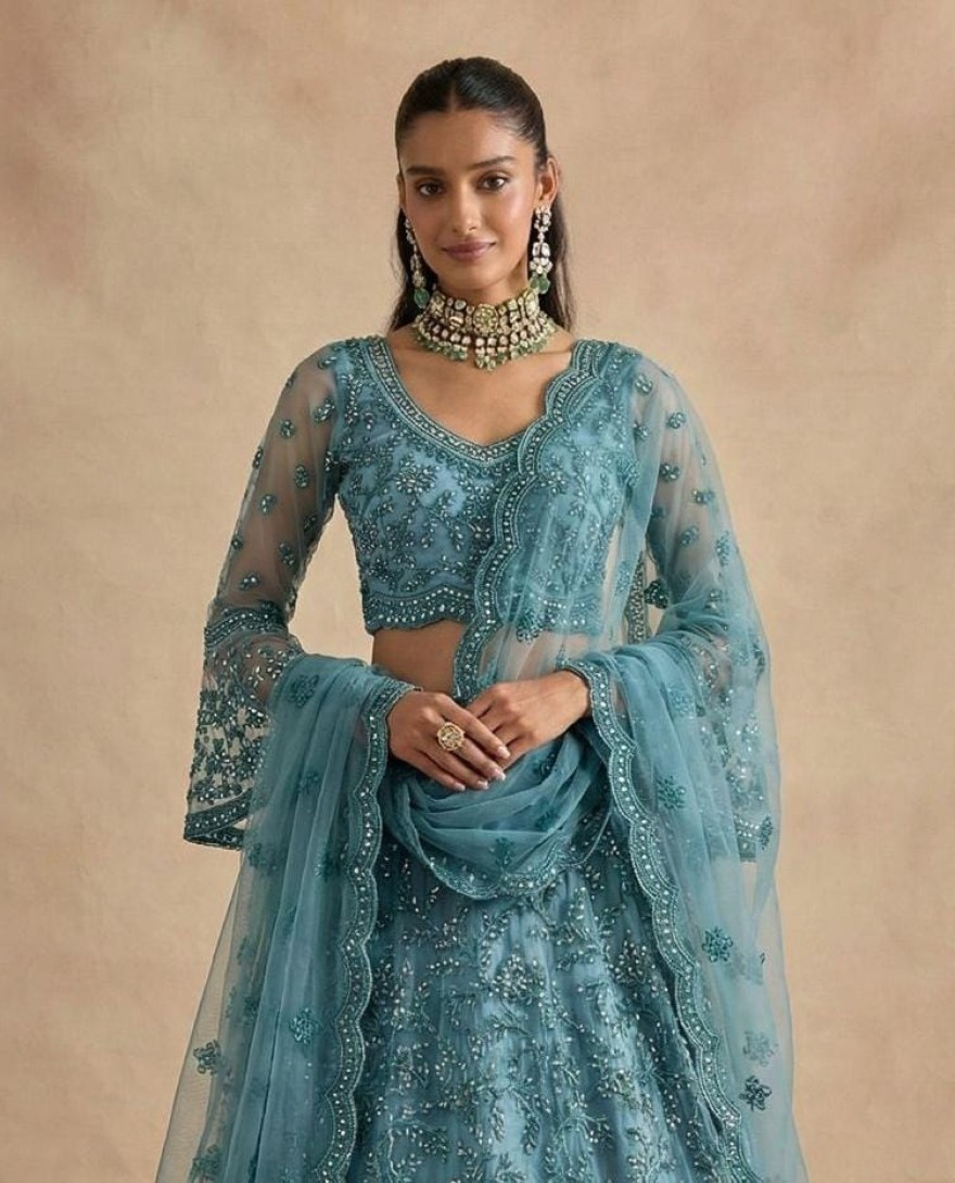 BLUE - Sky Blue Designer Embroidery Wedding Lehenga Choli