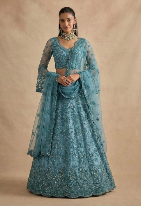Sky Blue Designer Embroidery Wedding Lehenga Choli