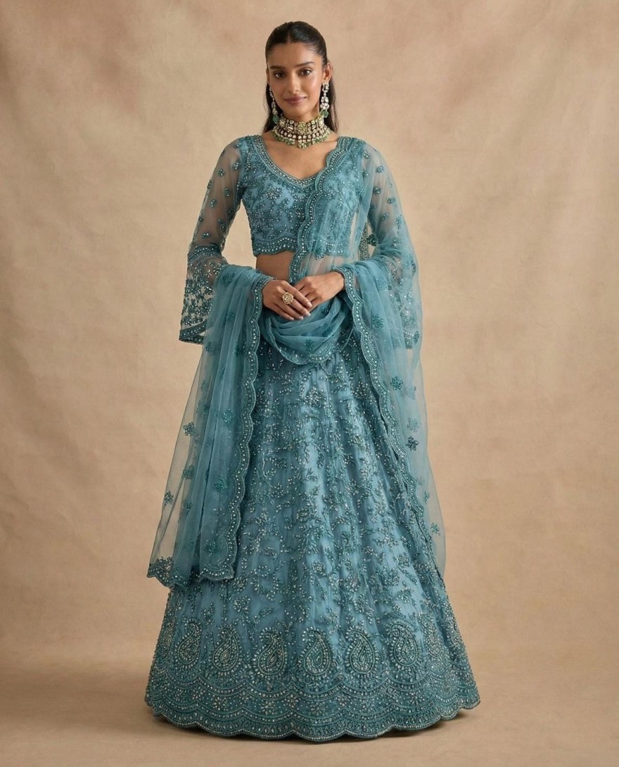 BLUE - Sky Blue Designer Embroidery Wedding Lehenga Choli