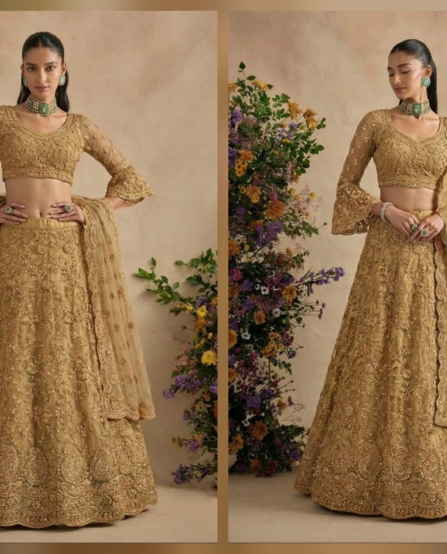 GOLDEN - Gold Beige Designer Embroidery Wedding Lehenga Choli