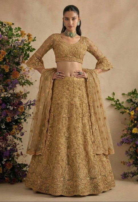 Gold Beige Designer Embroidery Wedding Lehenga Choli