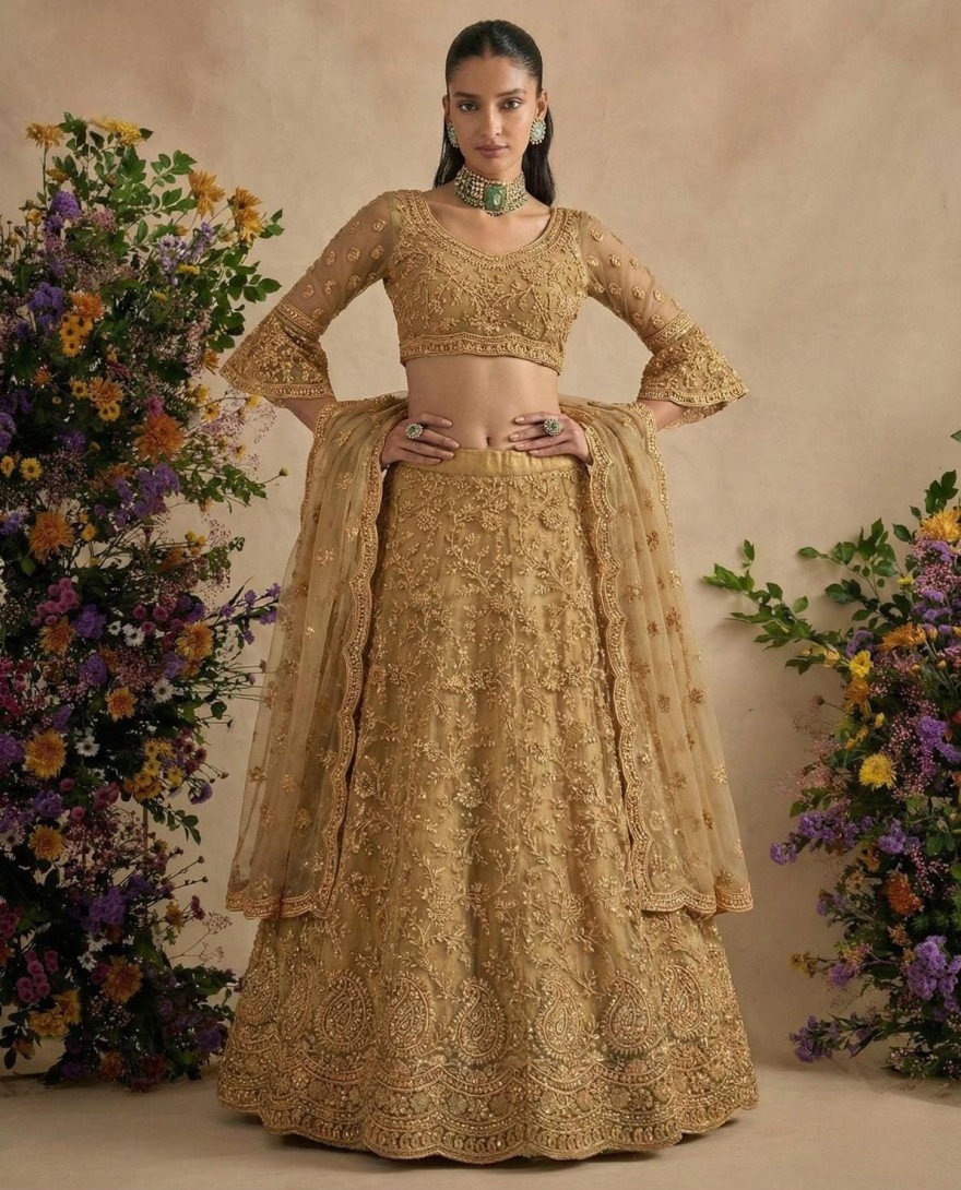 GOLDEN - Gold Beige Designer Embroidery Wedding Lehenga Choli