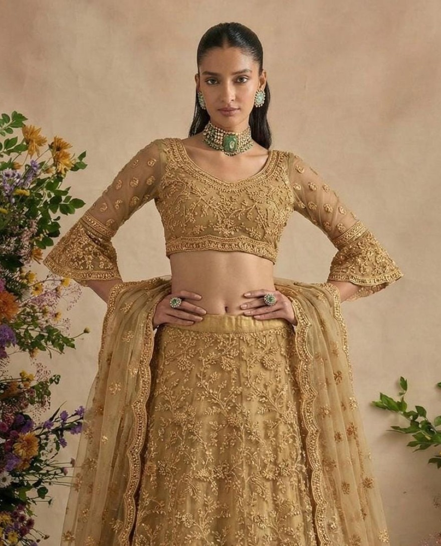GOLDEN - Gold Beige Designer Embroidery Wedding Lehenga Choli