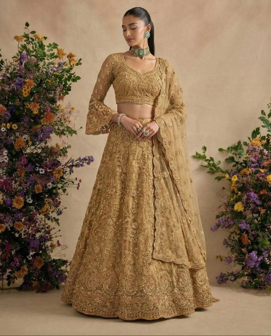 GOLDEN - Gold Beige Designer Embroidery Wedding Lehenga Choli