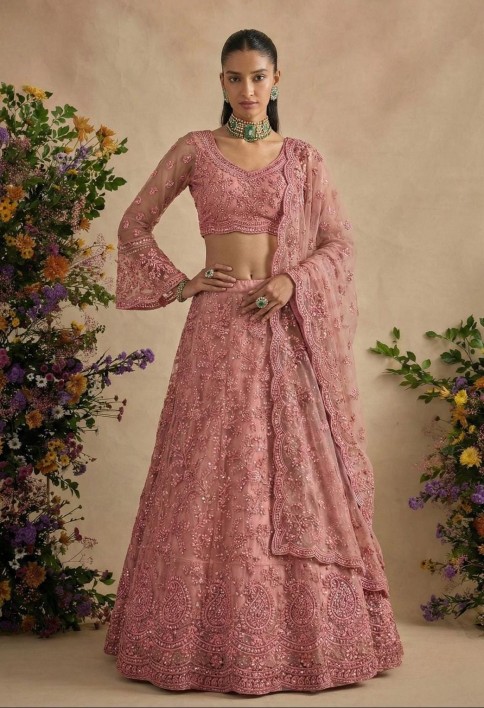 Rose Pink Embroidered Designer Wedding Lehenga Choli