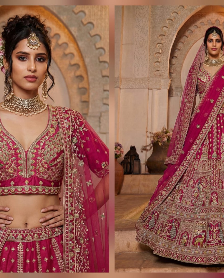 PINK - Dazzling Rani Pink Zari Work Silk Bridal Lehenga Choli With Double Dupatta