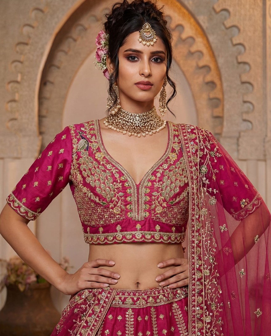 PINK - Dazzling Rani Pink Zari Work Silk Bridal Lehenga Choli With Double Dupatta
