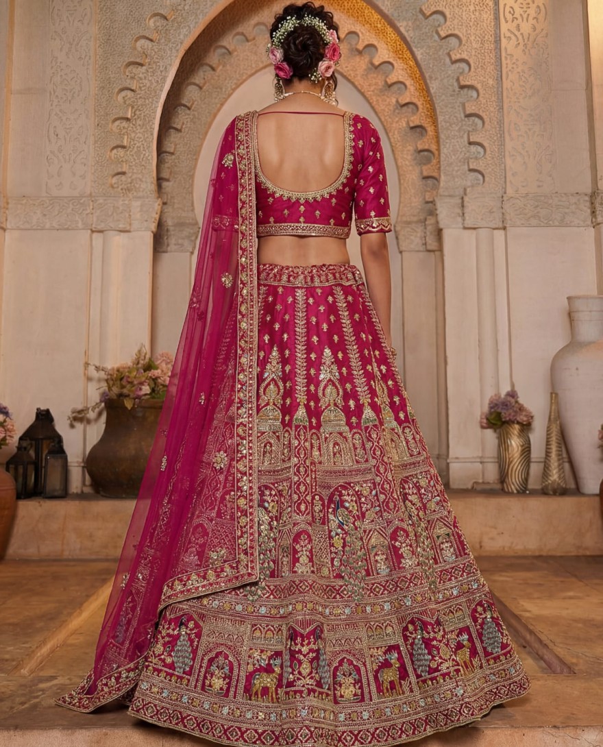 PINK - Dazzling Rani Pink Zari Work Silk Bridal Lehenga Choli With Double Dupatta