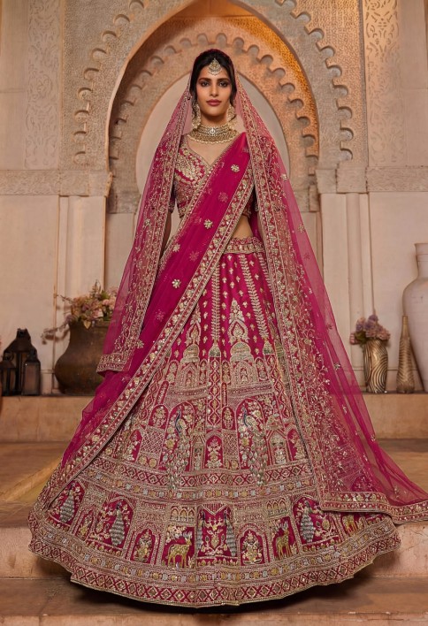 Dazzling Rani Pink Zari Work Silk Bridal Lehenga Choli With Double Dupatta
