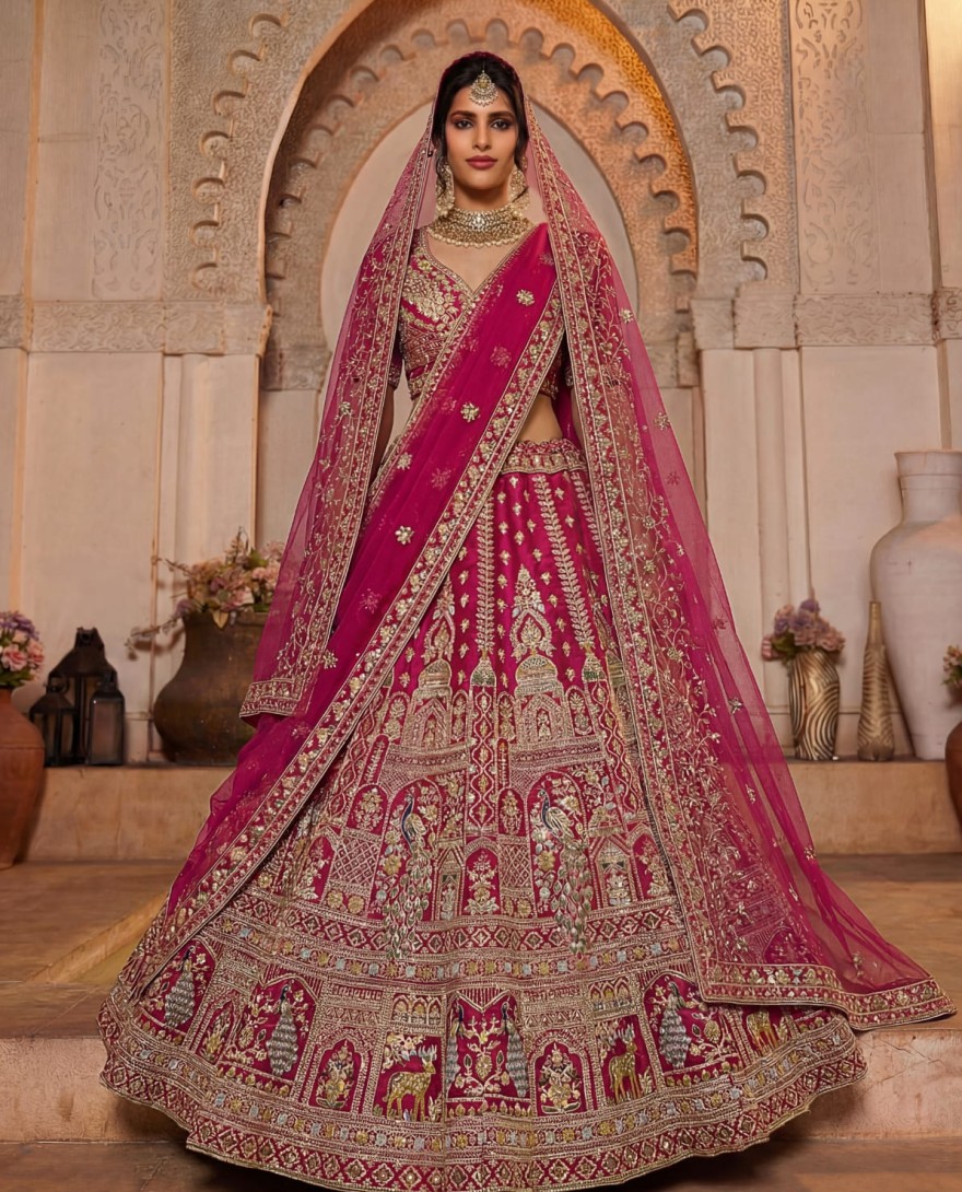PINK - Dazzling Rani Pink Zari Work Silk Bridal Lehenga Choli With Double Dupatta