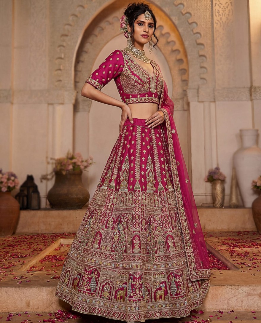 PINK - Dazzling Rani Pink Zari Work Silk Bridal Lehenga Choli With Double Dupatta