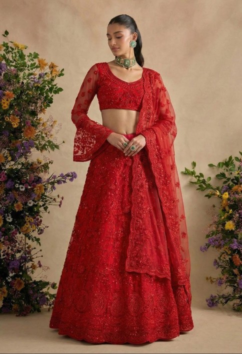 Crimson Red Designer Embroidery Wedding Lehenga Choli