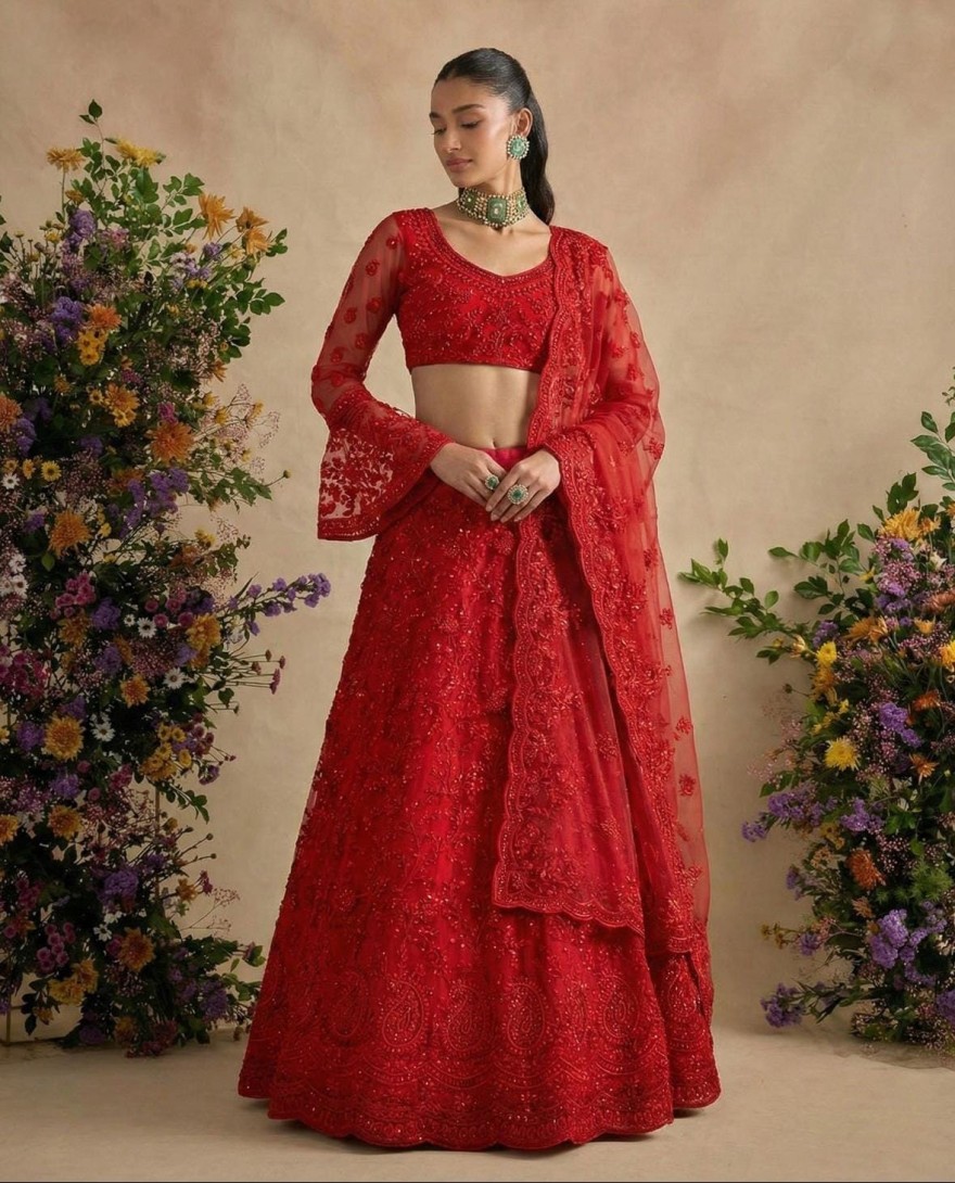 RED - Crimson Red Designer Embroidery Wedding Lehenga Choli