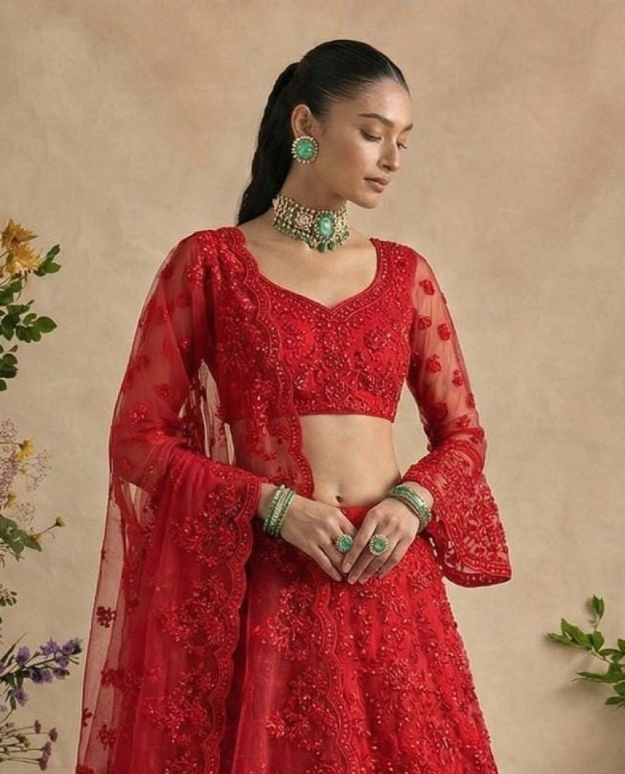 RED - Crimson Red Designer Embroidery Wedding Lehenga Choli