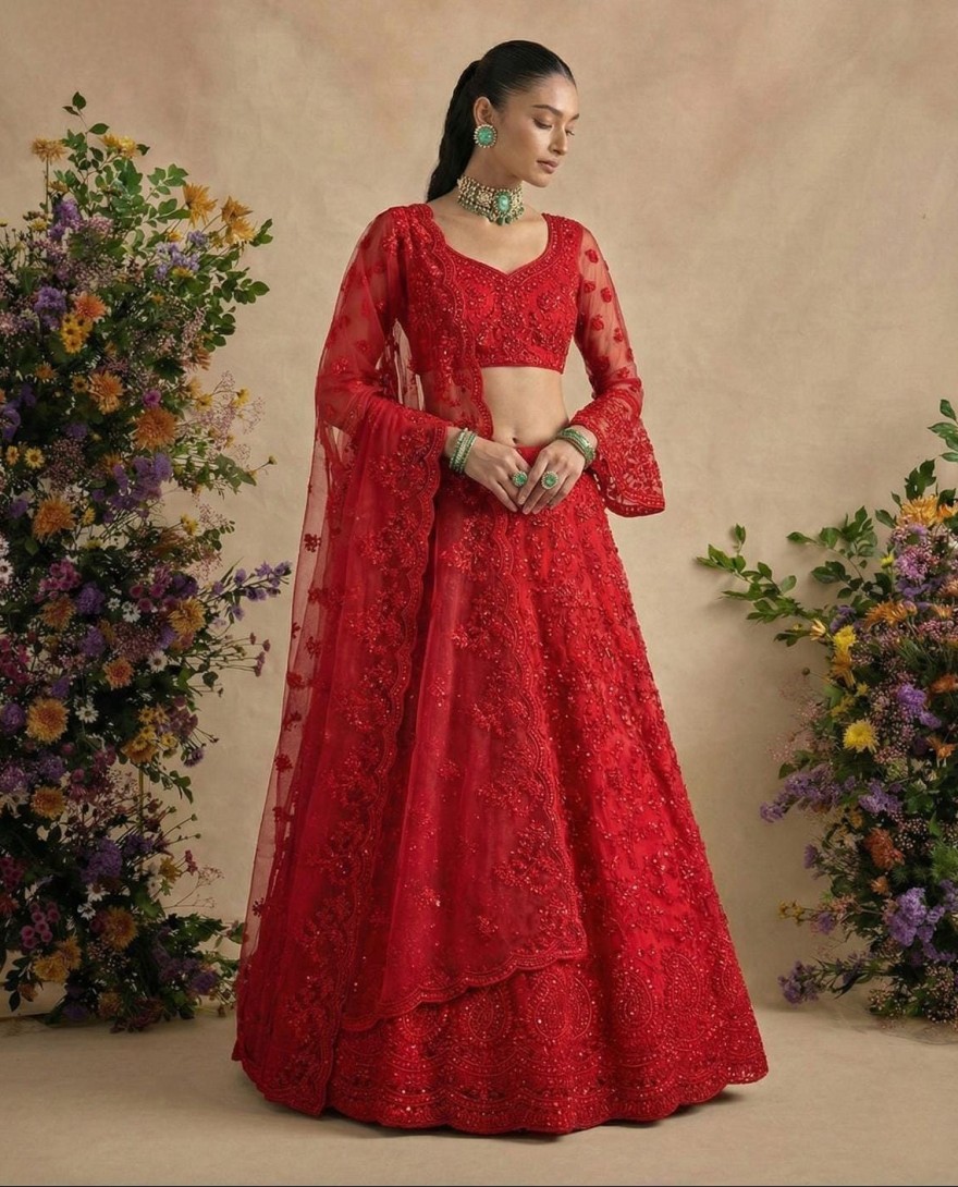 RED - Crimson Red Designer Embroidery Wedding Lehenga Choli