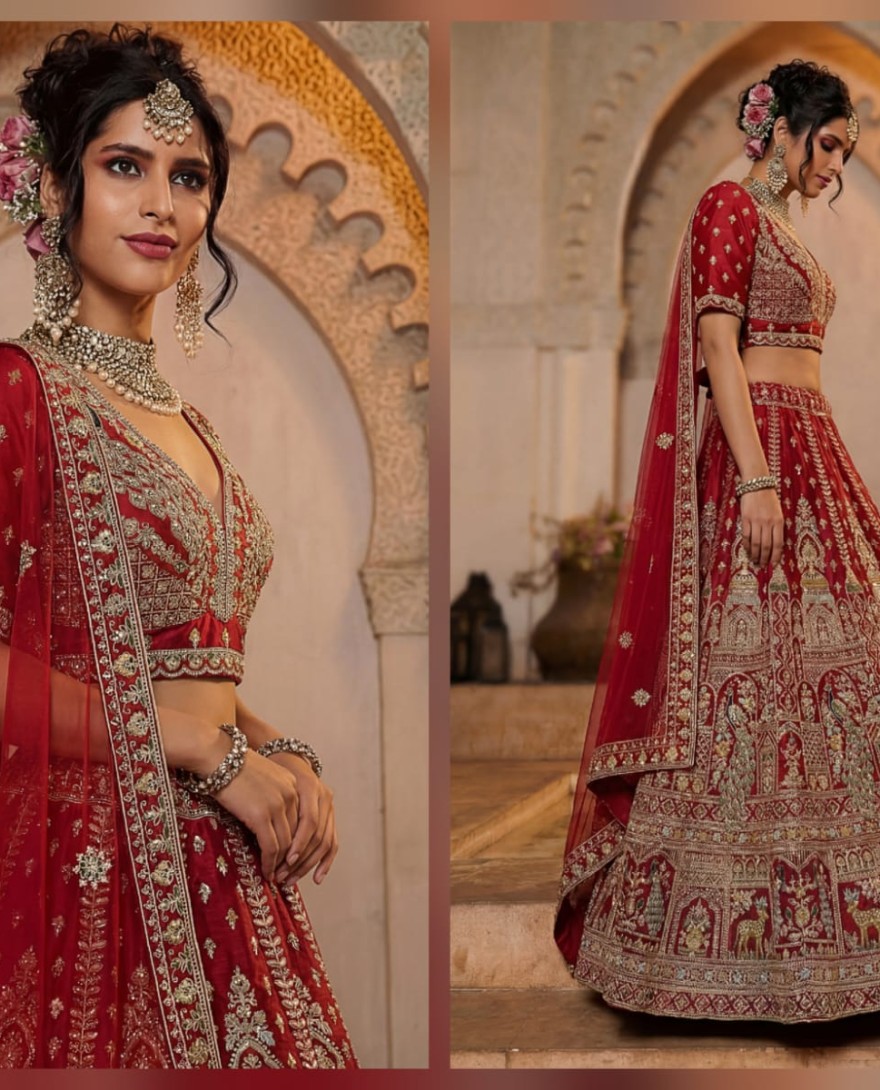 RED - Sensational Red Thread Work Silk Bridal Lehenga Choli With Double Dupatta
