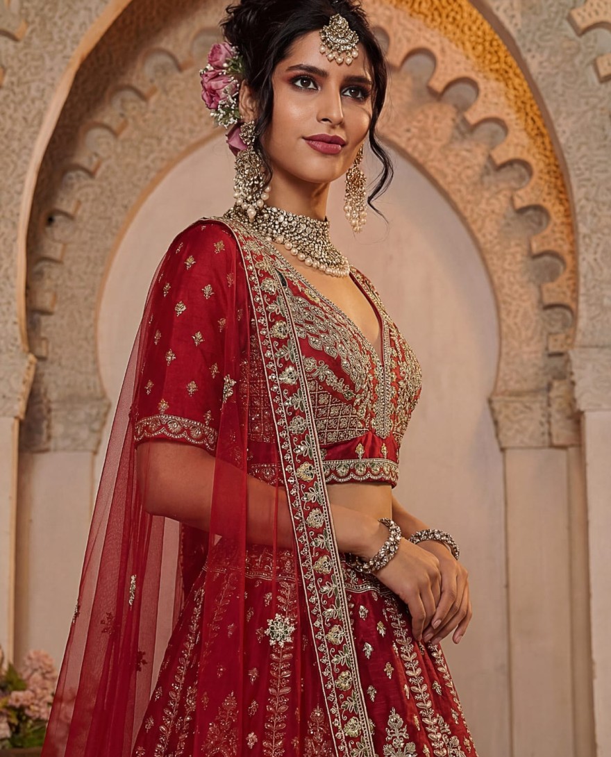 RED - Sensational Red Thread Work Silk Bridal Lehenga Choli With Double Dupatta