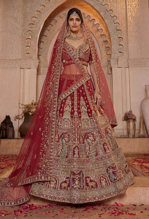 Sensational Red Thread Work Silk Bridal Lehenga Choli With Double Dupatta