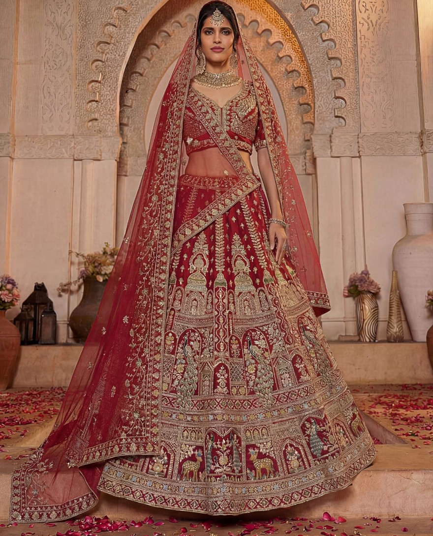 RED - Sensational Red Thread Work Silk Bridal Lehenga Choli With Double Dupatta