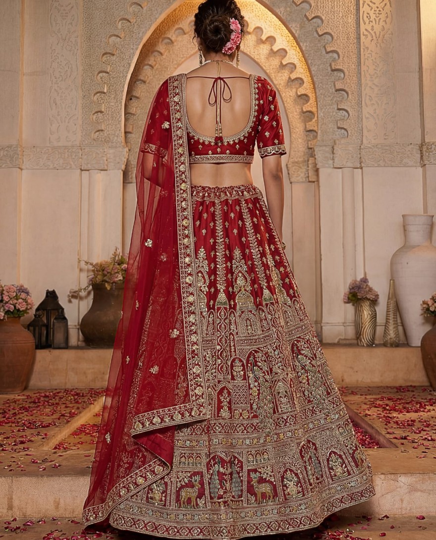 RED - Sensational Red Thread Work Silk Bridal Lehenga Choli With Double Dupatta