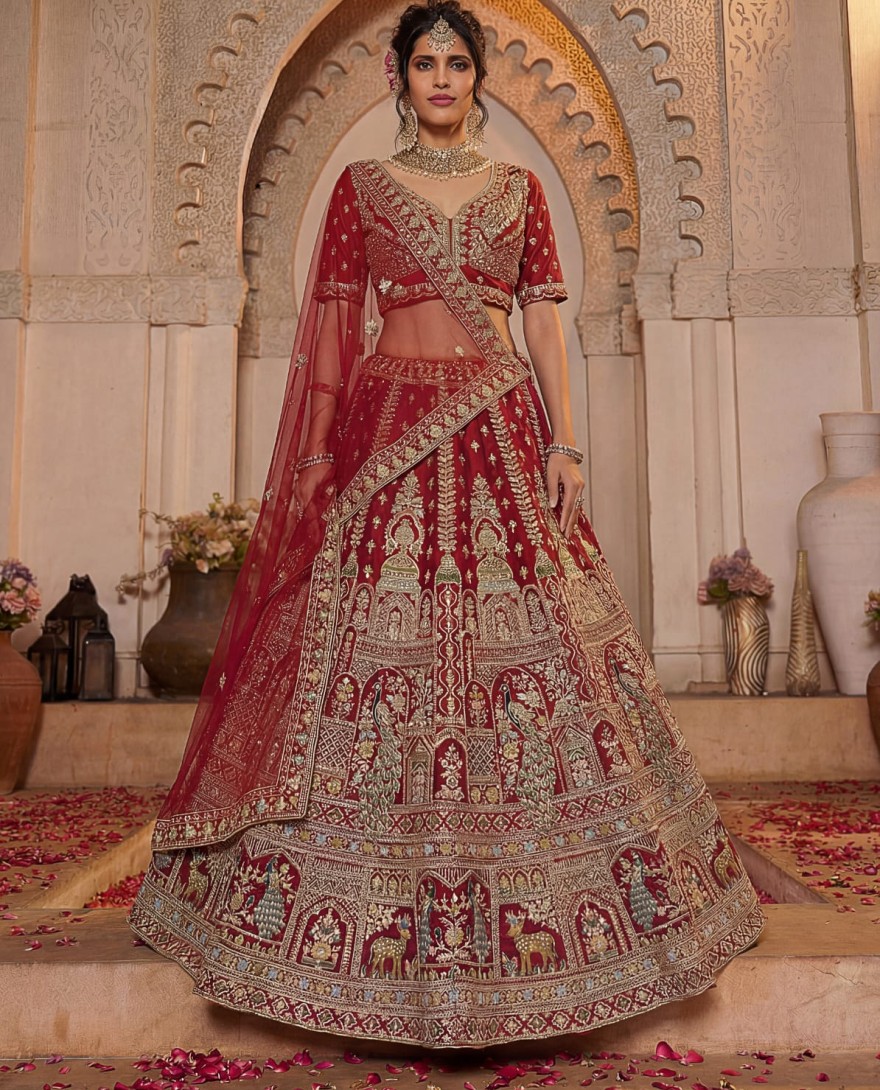 RED - Sensational Red Thread Work Silk Bridal Lehenga Choli With Double Dupatta