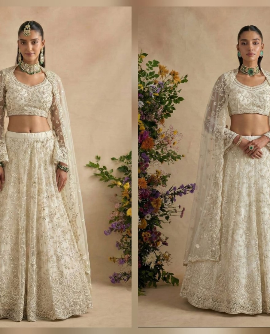 WHITE - Ivory White Designer Embroidery Wedding Lehenga Choli