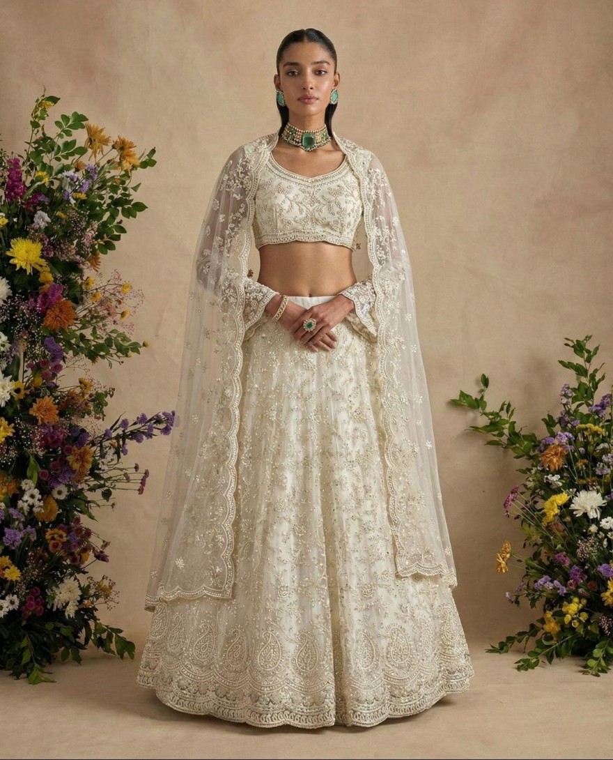 WHITE - Ivory White Designer Embroidery Wedding Lehenga Choli