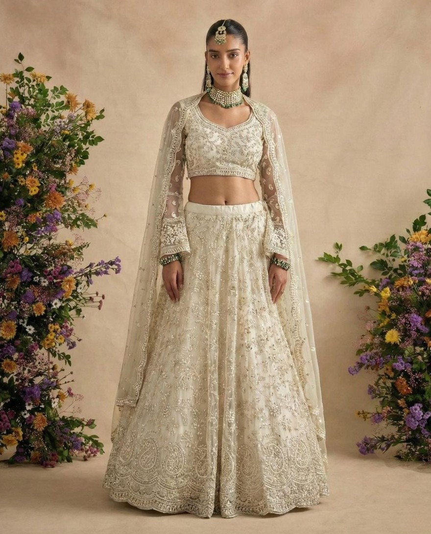 WHITE - Ivory White Designer Embroidery Wedding Lehenga Choli